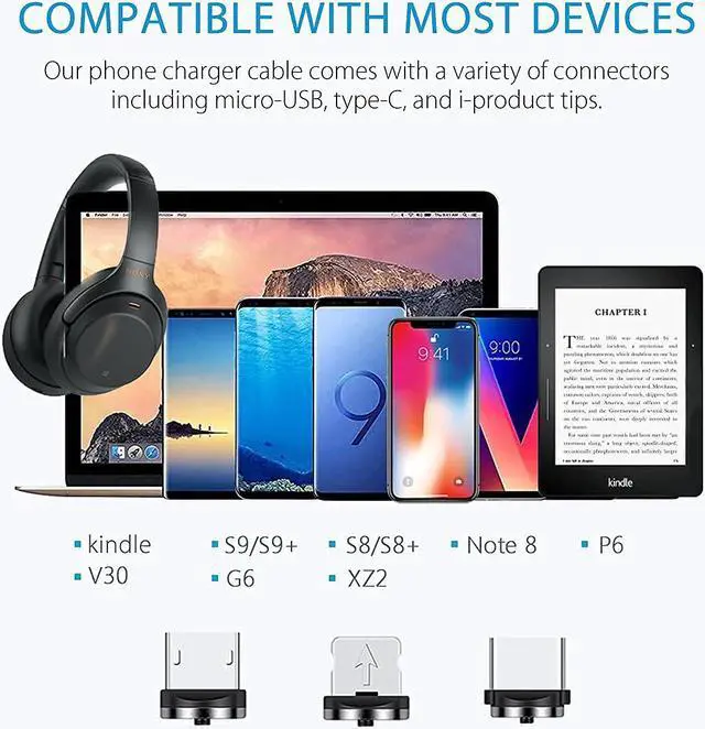 Alt view image 7 of 7 - Terasako Magnetic Charging Cable 5-Pack (3/3/6/6/10FT) - 540° Rotating Magnetic Phone Charger Cable with LED Light - 90° Angle Connector, Nylon-Braided Cords (Black)