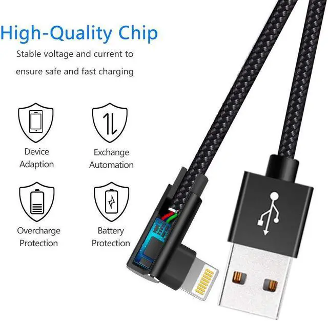Alt view image 2 of 6 - Extra Long Durable Charging Cable, 3 Pack 10ft USB A to 90 Degree Aluminum Alloy Charging Cord Compatible with iPhone 13/12/11/Pro/Xs Max/XS/XR/7/7Plus/X/8/8Plus/6S/6S Plus/SE (Black, 10ft)