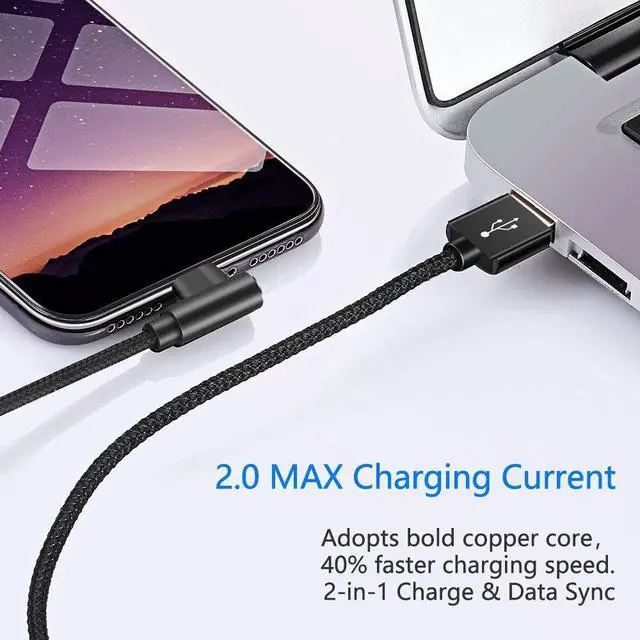 Alt view image 5 of 6 - Extra Long Durable Charging Cable, 3 Pack 10ft USB A to 90 Degree Aluminum Alloy Charging Cord Compatible with iPhone 13/12/11/Pro/Xs Max/XS/XR/7/7Plus/X/8/8Plus/6S/6S Plus/SE (Black, 10ft)