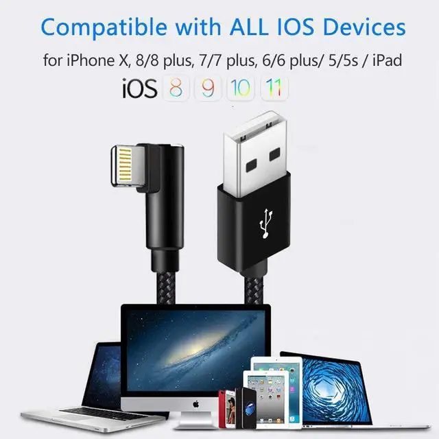 Alt view image 6 of 6 - Extra Long Durable Charging Cable, 3 Pack 10ft USB A to 90 Degree Aluminum Alloy Charging Cord Compatible with iPhone 13/12/11/Pro/Xs Max/XS/XR/7/7Plus/X/8/8Plus/6S/6S Plus/SE (Black, 10ft)