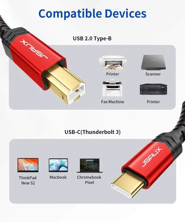 Alt view image 6 of 7 - USB B to USB C Cable 10ft, USB C Printer Cable Compatible with MacBook Pro, HP, Epson, Canon, Brother, Lexmark, Xerox Printers and Scanner-Red