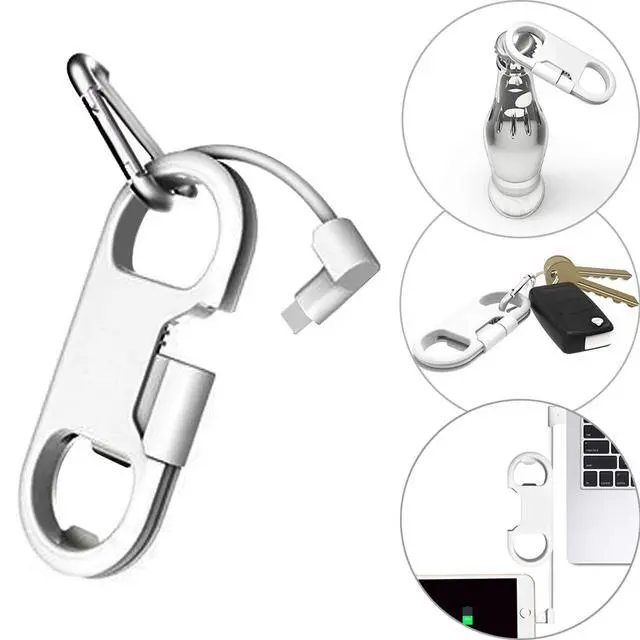Alt view image 2 of 7 - iPhone Charge Lightning Cable + Keychain + Bottle Opener + Aluminum Carabiner,Portable Multifunction Keychain Bottle Opener USB Charging Cord Short Cable for iPhone X/8/7/6S,Gift for Men Women(White)