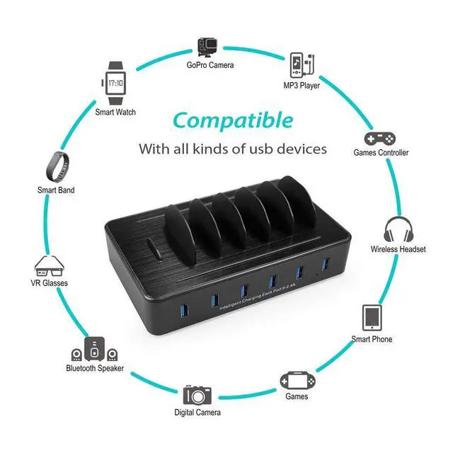 Alt view image 2 of 6 - Charging Station for Multiple Devices,50W 6 USB Ports Family Charger Compatible with Apple iPhone iPad and Android Phone and Tablet