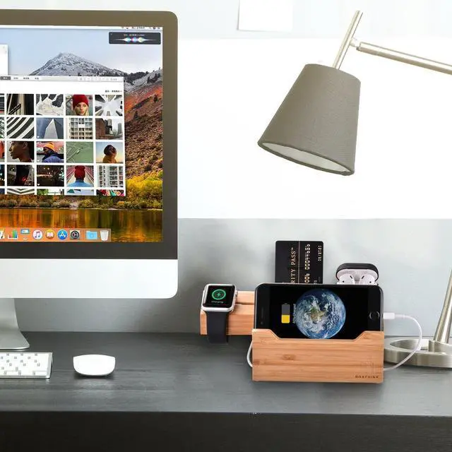 Alt view image 2 of 7 - Charging Station for Apple Watches, iPhones, Air Pod Apple Watch Charger Stand Air Pods Charging Dock Bamboo Wood Charging Station with 3 USB Power Ports