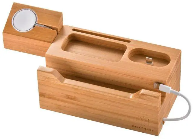 Alt view image 3 of 7 - Charging Station for Apple Watches, iPhones, Air Pod Apple Watch Charger Stand Air Pods Charging Dock Bamboo Wood Charging Station with 3 USB Power Ports