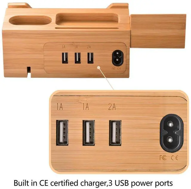 Alt view image 5 of 7 - Charging Station for Apple Watches, iPhones, Air Pod Apple Watch Charger Stand Air Pods Charging Dock Bamboo Wood Charging Station with 3 USB Power Ports