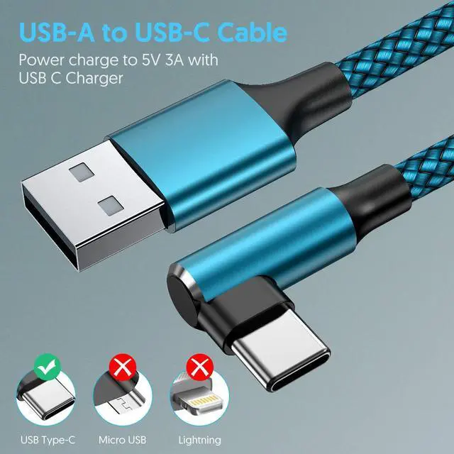 Alt view image 4 of 7 - geekboy USB C Cable, Right Angle Type c Charger [2-Pack 10ft], Durable Nylon Braided USB A to Type C Charger Cable for iPhone 15/15 Pro/ 15 Plus/ 15 Pro Max, Samsung Galaxy S23 Ultra S22 S21 (Cyan)