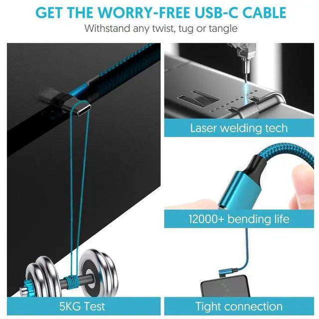 Alt view image 5 of 7 - geekboy USB C Cable, Right Angle Type c Charger [2-Pack 10ft], Durable Nylon Braided USB A to Type C Charger Cable for iPhone 15/15 Pro/ 15 Plus/ 15 Pro Max, Samsung Galaxy S23 Ultra S22 S21 (Cyan)