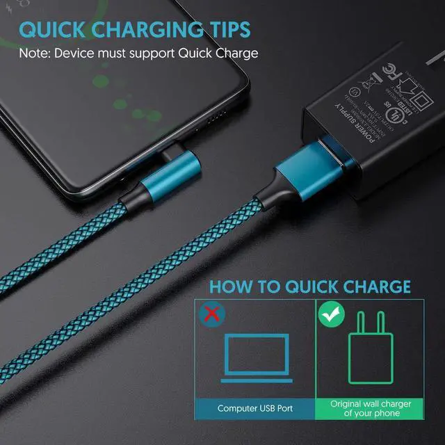 Alt view image 6 of 7 - geekboy USB C Cable, Right Angle Type c Charger [2-Pack 10ft], Durable Nylon Braided USB A to Type C Charger Cable for iPhone 15/15 Pro/ 15 Plus/ 15 Pro Max, Samsung Galaxy S23 Ultra S22 S21 (Cyan)