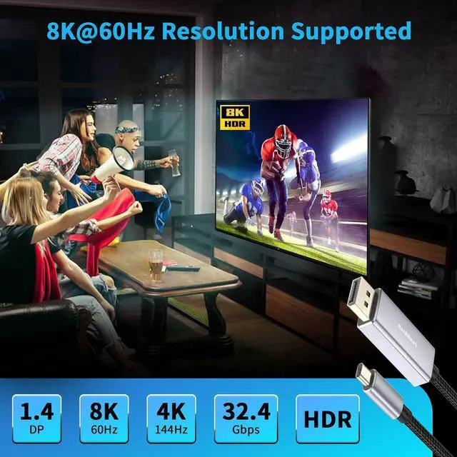 Alt view image 7 of 7 - USB-C to Displayport Cable 8K 6ft/1.8m, Braided USB Type C (Thunderbolt 3 Compatible) to DP 1.4 Cable Support 8K@60Hz 4K@144Hz for MacBook Pro/Air,iMac,iPad Pro 2020,XPS,Galaxy S20