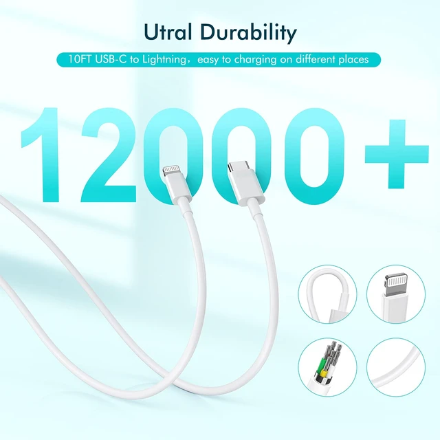 Alt view image 3 of 7 - iPhone Fast Charger,10FT Extra Long Fast Charging USB C to Lightning Cable Cord with USBC iPhone Charger Block Quick PD Travel Plug for iPhone 14/Pro/Pro Max/Plus/13/12/11/Mini/Pro/XS/XR/SE2022/8/iPad