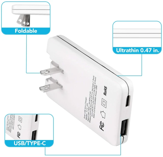 Alt view image 2 of 7 - TOP-UP Flat USB Wall Plug 18W, Slim Dual Port USB C Charger Block | Flat USB Wall Charger, Thin USB Wall Plug, Foldable 90 Degree Type C Plug, iPhone 17 Charger, iPhone 18 Pro, iPad