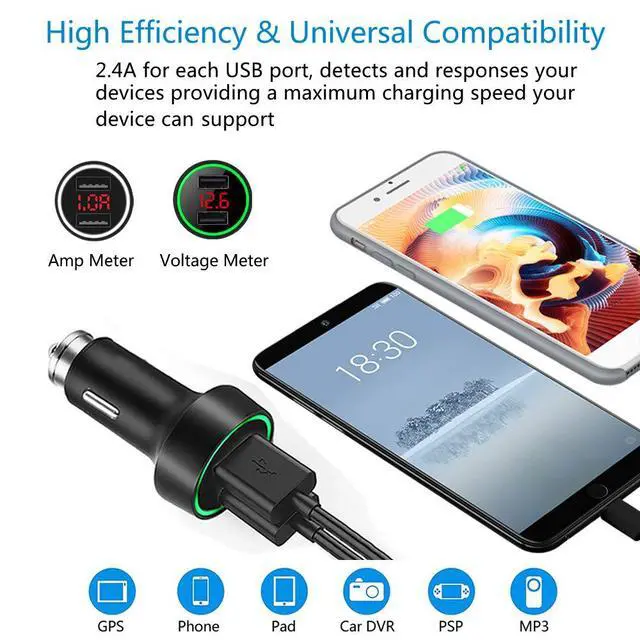 Alt view image 3 of 7 - 24W/4.8A Dual USB Car Charger, 12V to USB Outlet with Cigarette Lighter Voltage Meter LED/LCD Display Battery Low Voltage Warning (Black)