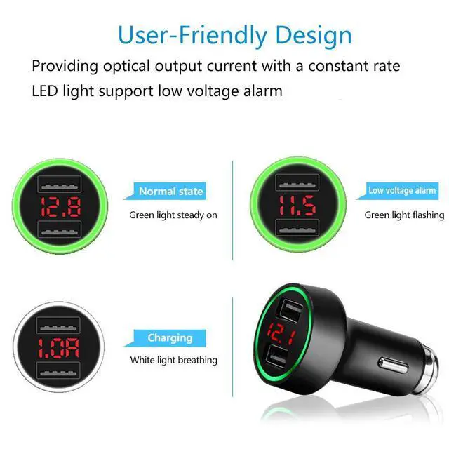 Alt view image 4 of 7 - 24W/4.8A Dual USB Car Charger, 12V to USB Outlet with Cigarette Lighter Voltage Meter LED/LCD Display Battery Low Voltage Warning (Black)