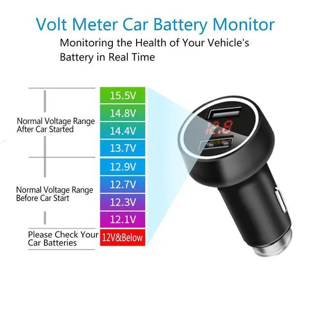 Alt view image 5 of 7 - 24W/4.8A Dual USB Car Charger, 12V to USB Outlet with Cigarette Lighter Voltage Meter LED/LCD Display Battery Low Voltage Warning (Black)