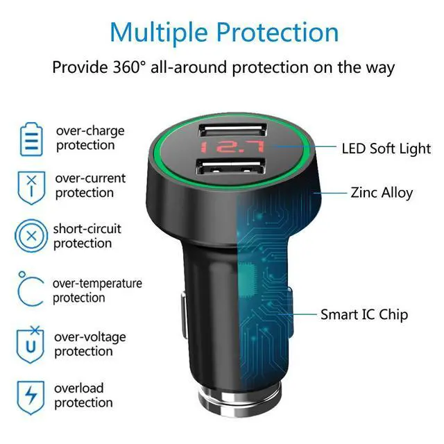 Alt view image 6 of 7 - 24W/4.8A Dual USB Car Charger, 12V to USB Outlet with Cigarette Lighter Voltage Meter LED/LCD Display Battery Low Voltage Warning (Black)