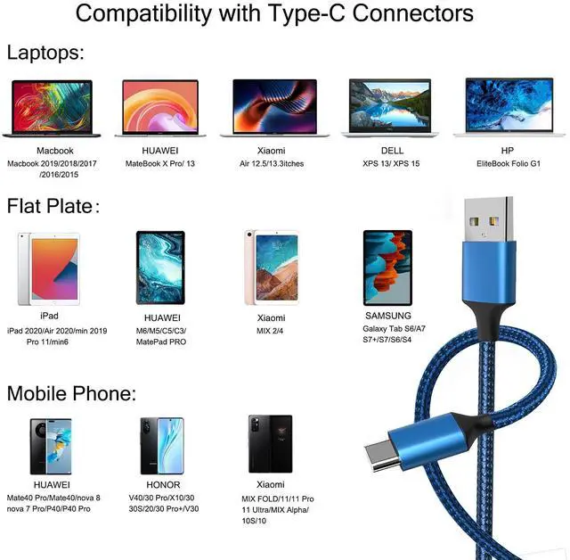 Alt view image 6 of 7 - USB Type C Cable 5Pack (3/3/6/6/10FT) Nylon Braided USB C Cable Fast Charger Charging Cord Compatible Samsung Galaxy S9 S8 Note 9 Note 8 Plus,LG V30 G6 G5 V20,Google Pixel, Moto Z2, iPad 2021and More