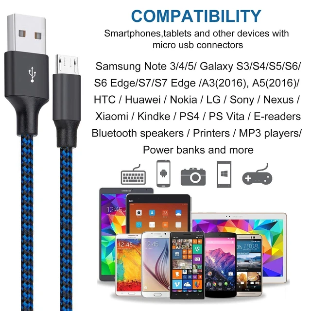 Alt view image 6 of 7 - Micro USB Cable 3ft, Micro USB Charging Sync Cables Android Charger Cord | 3Pack 3FT Nylon Braided High Speed Cable Compatible Samsung Galaxy S7 Edge/S6/S5/S4,Note 5/4/3,LG,Tablet and More(Blue)
