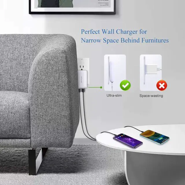 Alt view image 3 of 7 - Flat USB Wall Charger - Slim USB Plug for Wall Outlet, Compatible with iPhone 16 15 14 Pro Max/13/12/11/Xr/Xs/X, Galaxy A03s/A13/A12/S22/S21/S20/10/9/8, Webcam - 2-Pack, White