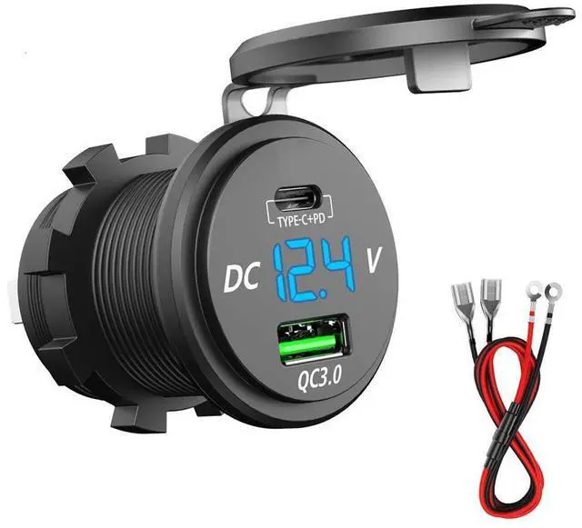 Main image of 63W USB C Car Charger Socket, 45W PD Outlet 18W QC3.0 Charger 12V USB Cigarette Lighter Socket with LED Voltmeter for Car RV Boat Marine Truck Motorcycle