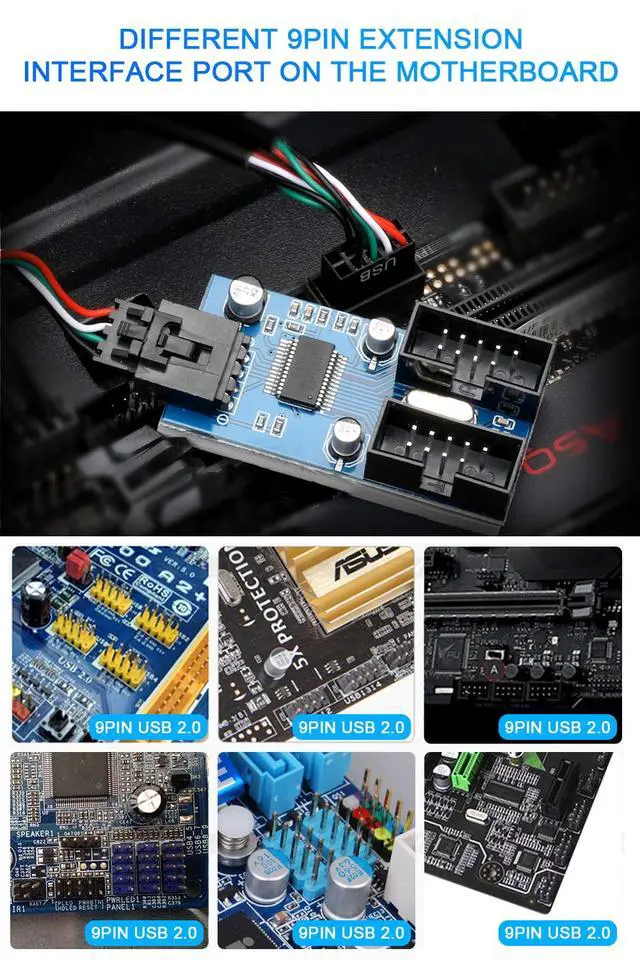 Alt view image 2 of 6 - Motherboard USB 2.0 9-Pin Header to 2-Port Hub Splitter - 30CM Cable USB 9-Pin Internal Cable Adapter