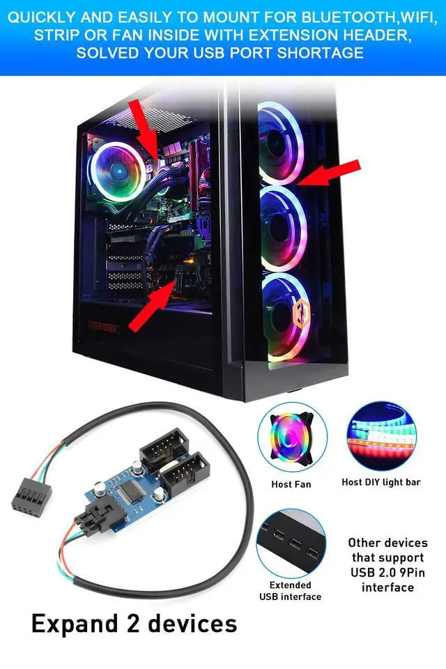 Alt view image 4 of 6 - Motherboard USB 2.0 9-Pin Header to 2-Port Hub Splitter - 30CM Cable USB 9-Pin Internal Cable Adapter