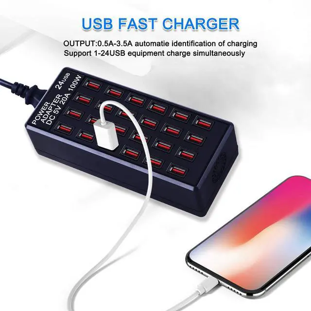 Alt view image 5 of 7 - 24-Port 100 watt (20 A) USB Charging Station, Home Desktop Fast Charger, Multiple Chargers, Suitable for Hotels, Shops, Schools, Shopping malls and Travel