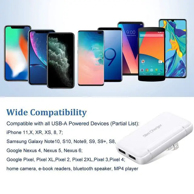 Alt view image 7 of 7 - Flat USB Wall Charger - Slim USB Plug for Wall Outlet, Compatible with iPhone 16 15 14 Pro Max/13/12/11/Xr/Xs/X, Galaxy A03s/A13/A12/S22/S21/S20/10/9/8, Webcam - 2-Pack, White