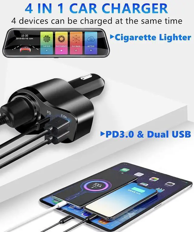 Alt view image 3 of 7 - 4 in 1 USB C Car Charger, 168W Multi USB Cigarette Lighter Adapter, Socket Splitter with 3 USB Ports, 12V/24V Dual USB Type C PD Fast Car Charger Adapter for iPhone 17/Air/16/15 Pro Max iPad GPS