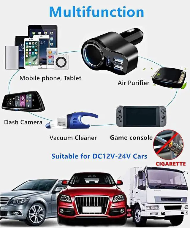 Alt view image 5 of 7 - 4 in 1 USB C Car Charger, 168W Multi USB Cigarette Lighter Adapter, Socket Splitter with 3 USB Ports, 12V/24V Dual USB Type C PD Fast Car Charger Adapter for iPhone 17/Air/16/15 Pro Max iPad GPS