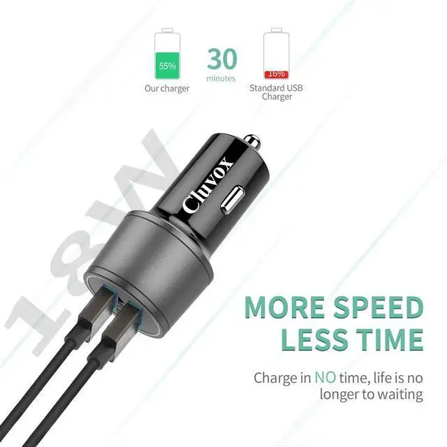 Alt view image 3 of 7 - Rapid USB C Car Charger, Compatible for Samsung Galaxy S26/S25 Plus/Ultra/S24/S23/S22/S21/Note 20/10/S20/S10+/S9/A56/A36/A50/A70, Quick Charge 3.0 Dual USB 18W Fast Car Charger+ Type C Cable 3.3ft