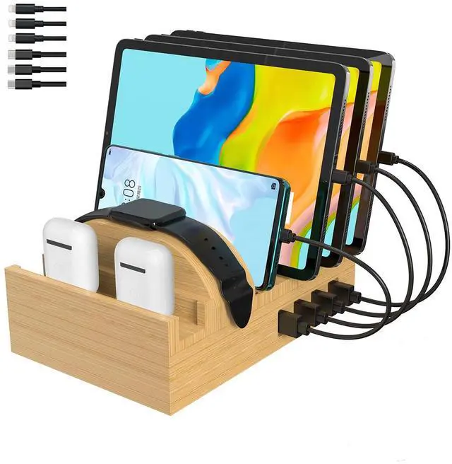 Main image of Bamboo Charging Station for Multiple Devices,15W Fast Wireless Charger Night Light with 3 Color & 4 Adjustable Brightness,Night Stand Charger Station Compatible with Phone/Watch/Air-Pods with Adapter