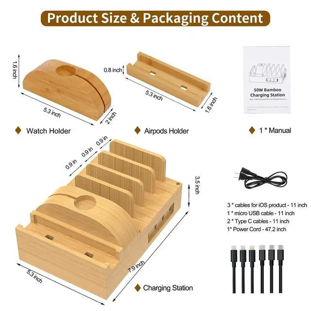 Alt view image 2 of 7 - Bamboo Charging Station for Multiple Devices,15W Fast Wireless Charger Night Light with 3 Color & 4 Adjustable Brightness,Night Stand Charger Station Compatible with Phone/Watch/Air-Pods with Adapter