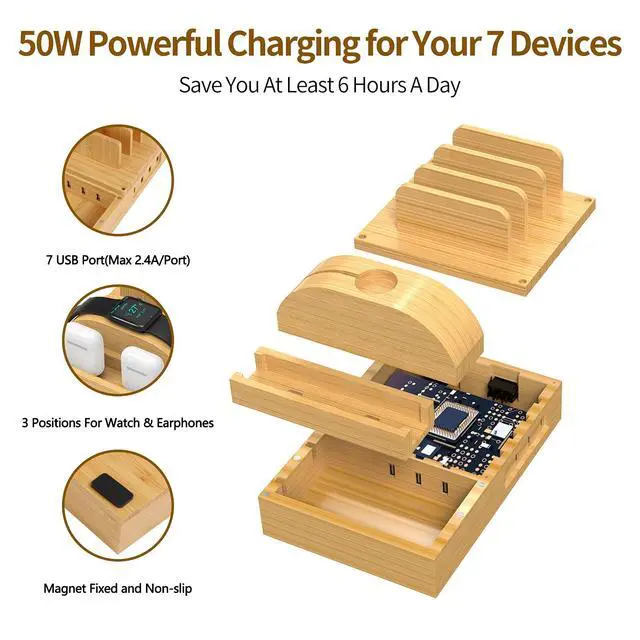 Alt view image 4 of 7 - Bamboo Charging Station for Multiple Devices,15W Fast Wireless Charger Night Light with 3 Color & 4 Adjustable Brightness,Night Stand Charger Station Compatible with Phone/Watch/Air-Pods with Adapter