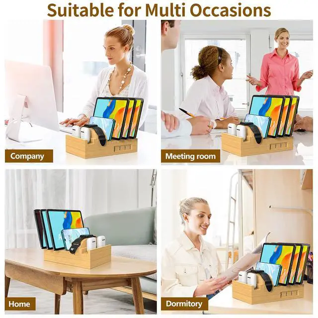 Alt view image 7 of 7 - Bamboo Charging Station for Multiple Devices,15W Fast Wireless Charger Night Light with 3 Color & 4 Adjustable Brightness,Night Stand Charger Station Compatible with Phone/Watch/Air-Pods with Adapter