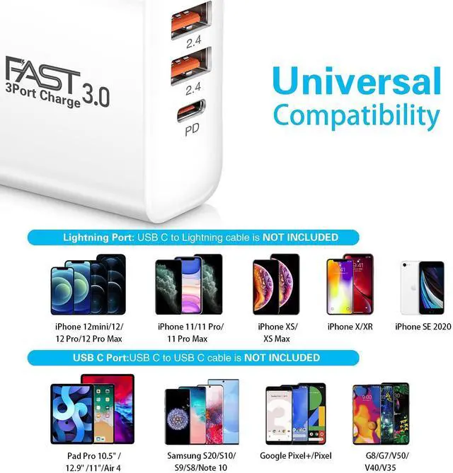 Alt view image 6 of 7 - USB C Charger 2Pack, iSeekerKit 30W 3-Port Fast Type C Wall Charger Block with PD 3.0 + 5V/2.4A Foldable USB C Charging Block Plug Compatible for iPhone 14/13/Pro Max/Samsung Galaxy/Pixel 7-White