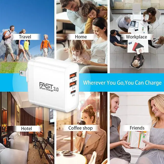 Alt view image 7 of 7 - USB C Charger 2Pack, iSeekerKit 30W 3-Port Fast Type C Wall Charger Block with PD 3.0 + 5V/2.4A Foldable USB C Charging Block Plug Compatible for iPhone 14/13/Pro Max/Samsung Galaxy/Pixel 7-White