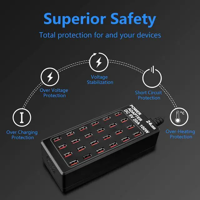 Alt view image 3 of 7 - 24-Port 100 watt (20 A) USB Charging Station, Home Desktop USB Fast Charger, Multiple USB Desktop Chargers, Suitable for Hotels, Shops, Schools, Shopping malls and Travel