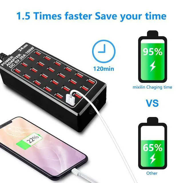 Alt view image 5 of 7 - 24-Port 100 watt (20 A) USB Charging Station, Home Desktop USB Fast Charger, Multiple USB Desktop Chargers, Suitable for Hotels, Shops, Schools, Shopping malls and Travel