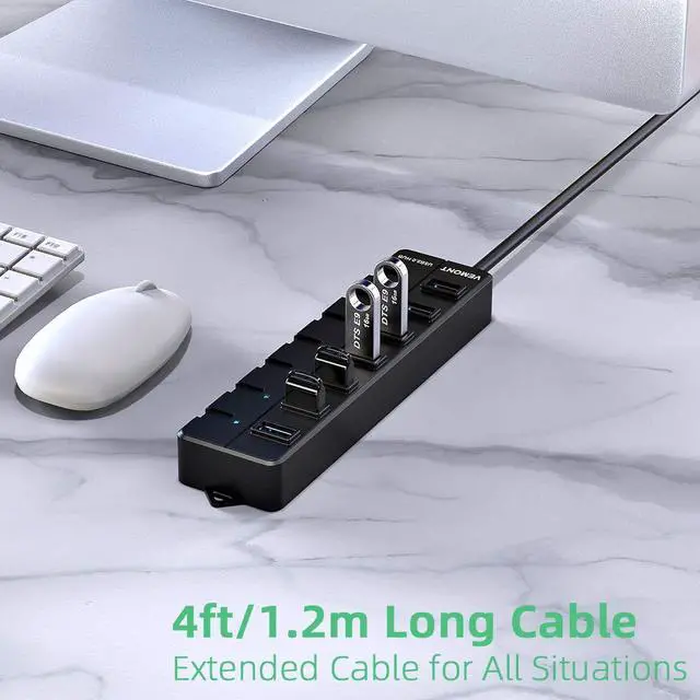 Alt view image 3 of 7 - USB HUB 3.0, Super Speed 7-Port USB Data Hub with Individual On/Off Switches and Power LED, with 4ft/1.2m Long Cable USB Extension for Laptop?PC Computer and More