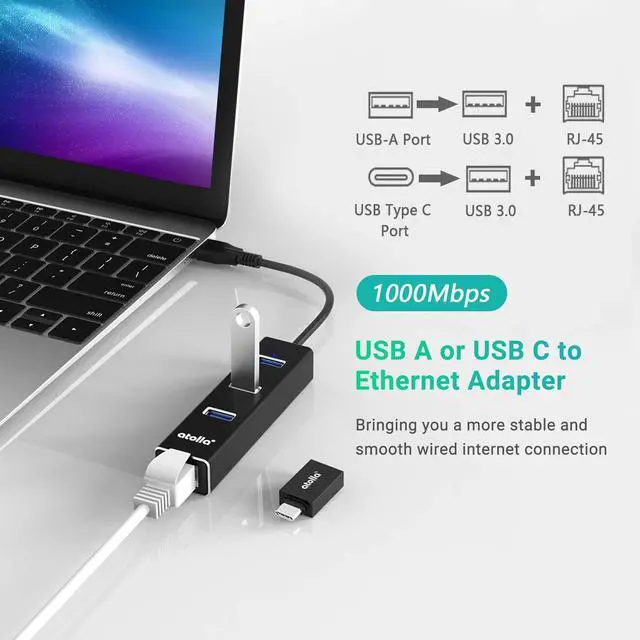 Alt view image 7 of 7 - USB 3.0 Hub Ethernet with USB C Adapter, 3 Port USB 3.0 Splitter Gigabit Ethernet Hub + USB C HUB Network RJ45 1000Mbps USB Extender