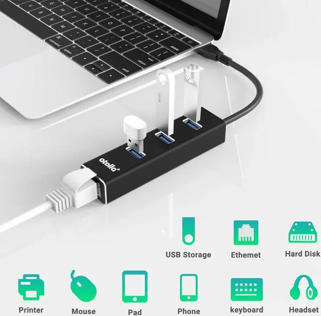 Alt view image 6 of 7 - USB 3.0 Hub Ethernet with USB C Adapter, 3 Port USB 3.0 Splitter Gigabit Ethernet Hub + USB C HUB Network RJ45 1000Mbps USB Extender