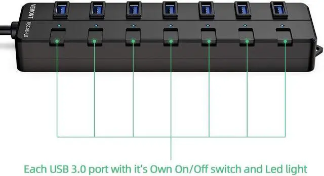 Alt view image 4 of 7 - USB HUB 3.0, Super Speed 7-Port USB Data Hub with Individual On/Off Switches and Power LED, with 4ft/1.2m Long Cable USB Extension for Laptop?PC Computer and More