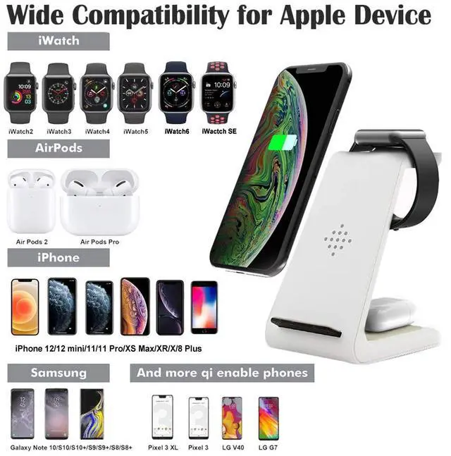 Alt view image 2 of 7 - Wireless Charger Stand 3 in 1 Wireless Charging Station for Apple Watch SE/6/5/4/3/2 Airpods 2/ Pro Premium Qi-Certified Fast Cordless Charger for iPhone 12/11/Xs/X Max/XR/X/8/8Plus/Samsung S9/Note9