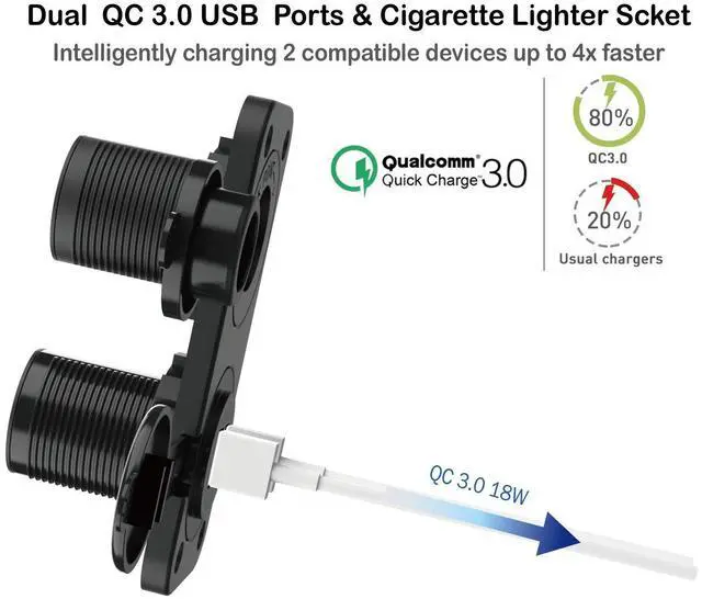 Alt view image 2 of 6 - QC 3.0 USB Outlet 12V Boat Marine Waterproof Cigarette Lighter Socket Splitter 12 Volt DC Power Charger Adapter DIY Kit with Blue LED Dual USB Ports for Rocker Switch Panel on Car RV Golf Cart ATV