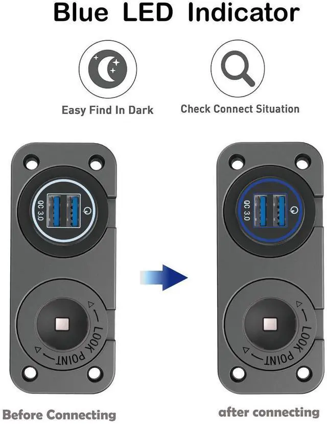 Alt view image 3 of 6 - QC 3.0 USB Outlet 12V Boat Marine Waterproof Cigarette Lighter Socket Splitter 12 Volt DC Power Charger Adapter DIY Kit with Blue LED Dual USB Ports for Rocker Switch Panel on Car RV Golf Cart ATV