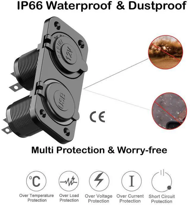 Alt view image 4 of 6 - QC 3.0 USB Outlet 12V Boat Marine Waterproof Cigarette Lighter Socket Splitter 12 Volt DC Power Charger Adapter DIY Kit with Blue LED Dual USB Ports for Rocker Switch Panel on Car RV Golf Cart ATV