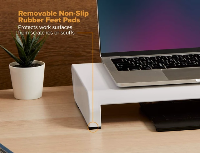 Alt view image 3 of 7 - Office Konnect Adjustable Monitor Stand Riser, 4 Height Adjustments, Built-In Cable Management, Rubber Feet - White