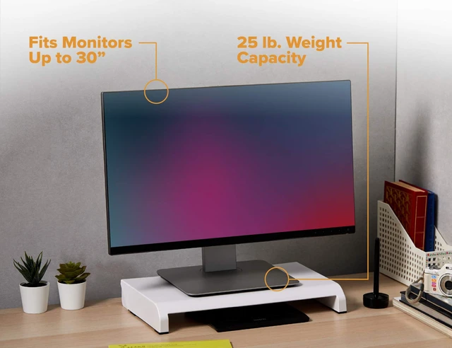 Alt view image 4 of 7 - Office Konnect Adjustable Monitor Stand Riser, 4 Height Adjustments, Built-In Cable Management, Rubber Feet - White