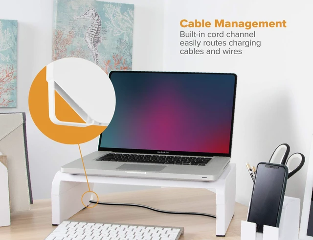 Alt view image 6 of 7 - Office Konnect Adjustable Monitor Stand Riser, 4 Height Adjustments, Built-In Cable Management, Rubber Feet - White